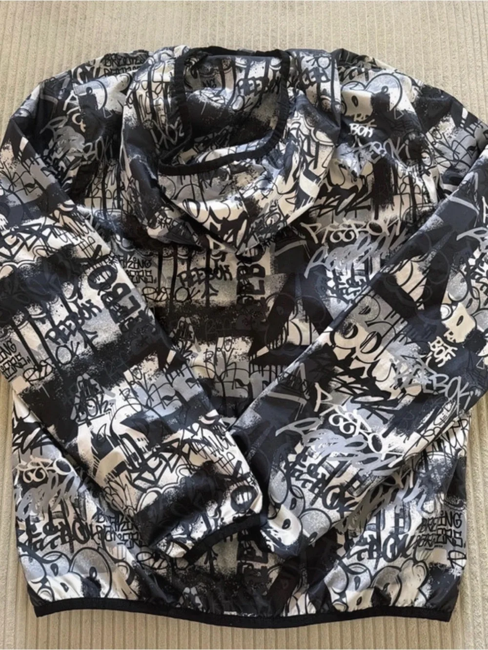 Reebok Black & White Graffiti Hooded Windbreaker with Red Trim